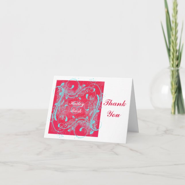 Red, White, Aqua Swirls Thank You Note Card (Front)