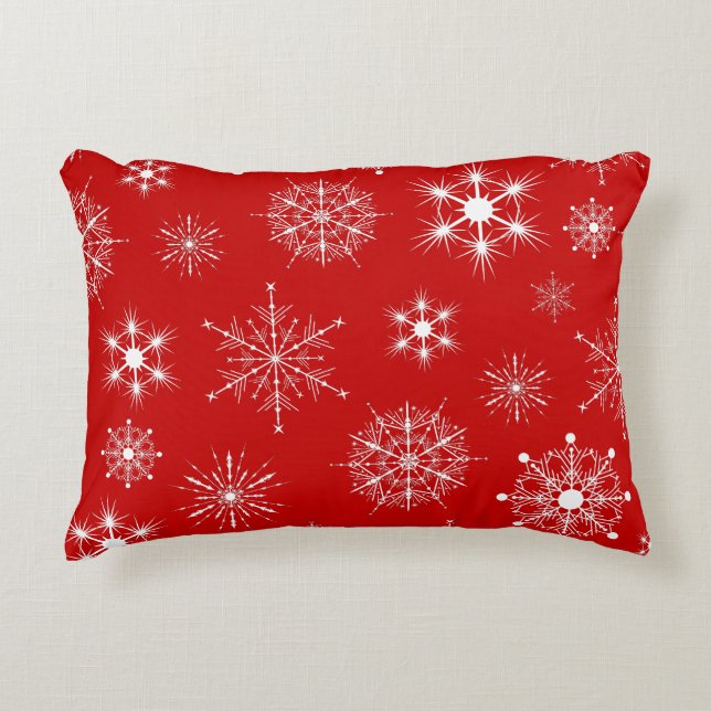 Red & White Assorted Christmas Snowflakes Pattern Accent Pillow (Front)