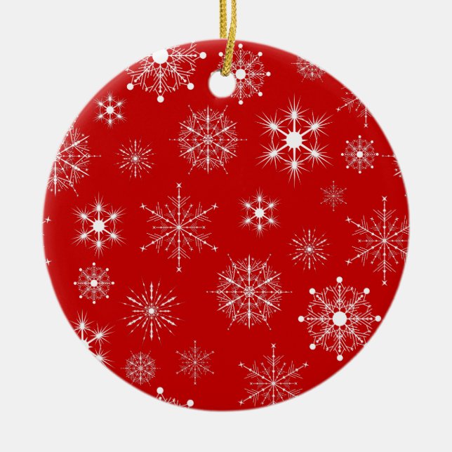 Red & White Assorted Christmas Snowflakes Pattern Ceramic Ornament (Front)