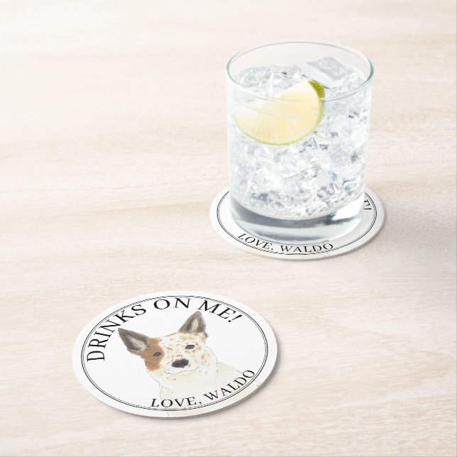 Red & White Australian Cattledog Heeler Wedding Round Paper Coaster (Insitu)
