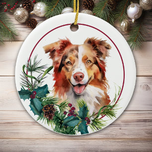 Red White Australian Shepherd Dog Evergreen Wreath Ceramic Ornament