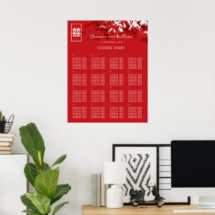 Red & White Bamboo Leaves Asian Wedding Seat Chart