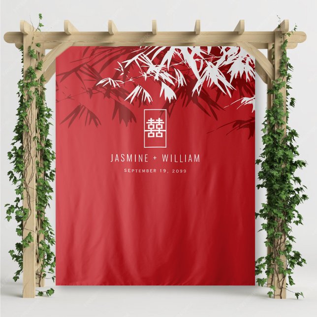 Red & White Bamboo Leaves Chinese Wedding Backdrop Tapestry (Red & White Bamboo Leaves Double Happiness, Chinese Wedding Backdrop Tapestry @ fatfatin_red_knot)