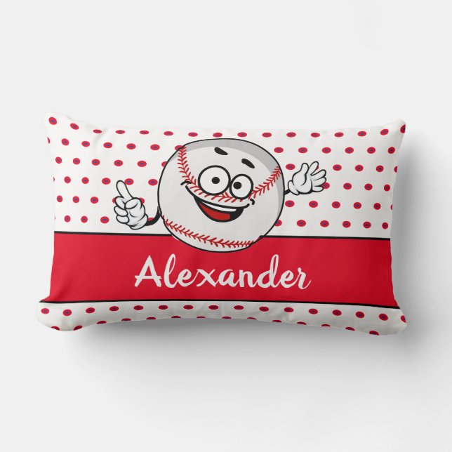 Red White Baseball funny face monogram name Lumbar Lumbar Pillow (Front)