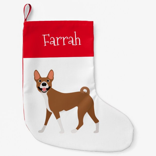 Red White Basenji Personalized Small Christmas Stocking (Front)