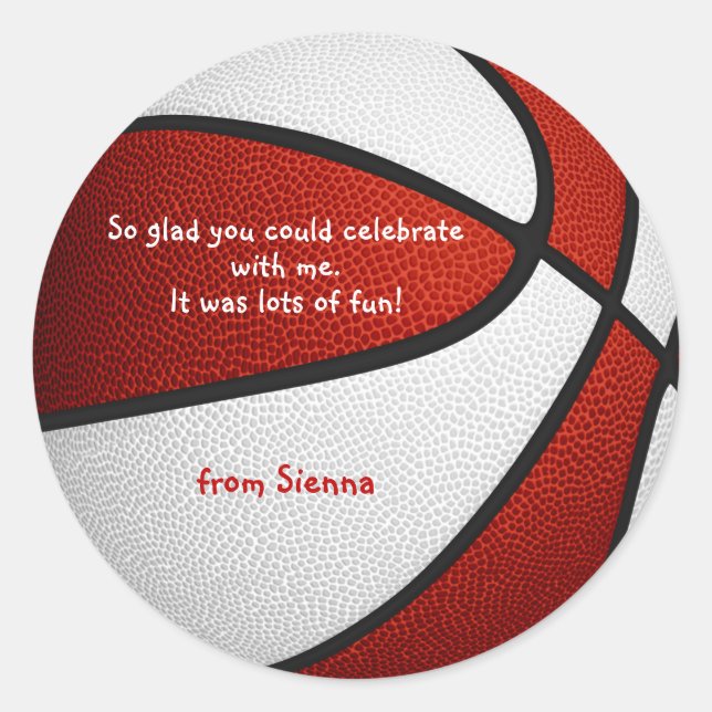 red white basketball girls party thank you classic round sticker (Front)