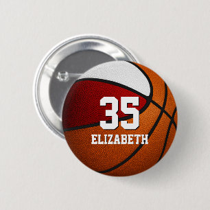 Red white basketball team colours girls boys name 2 inch round button
