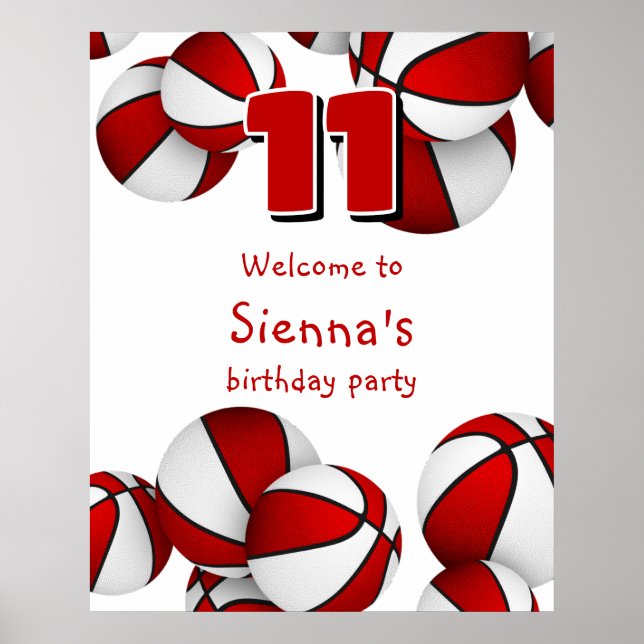 red white basketballs birthday party welcome poster (Front)