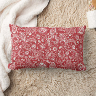 Red white batik boho style floral paisley pattern lumbar pillow