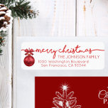 Red White Bauble Merry Christmas Return Address<br><div class="desc">Elegant and classy return labels for Christmas (Xmas) Holiday greeting cards / envelopes. Red ornament bauble,  white background.  Modern white letters for family name and address. Letter colour and font can be changed.</div>