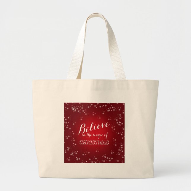 Red White Believe in magic of Christmas Typography Large Tote Bag (Front)