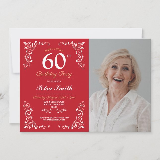 Red White Birthday Womens Classy 60th Photo Invitation (Front)