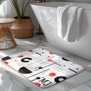 Red white black bauhaus geometric shapes on white bath mat