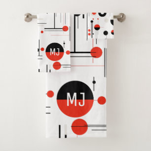 Red white black bauhaus geometric shapes on white bath towel set