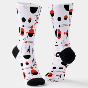 Red white black bauhaus geometric shapes on white socks