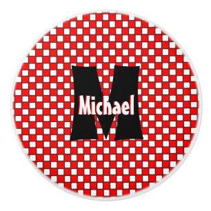 Red White Black Chequerboard Monogrammed Ceramic Knob