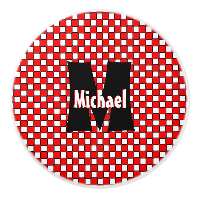 Red White Black Chequerboard Monogrammed Ceramic Knob (Front)