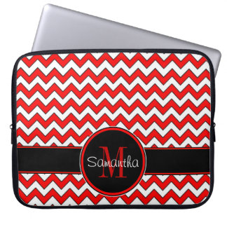 Red White & Black Chevron Pattern Custom Monogram Laptop Sleeve