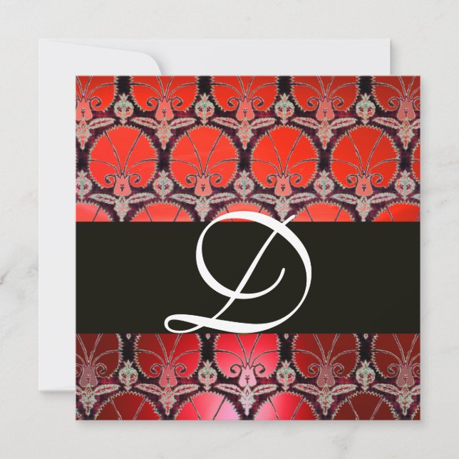 RED WHITE BLACK  DAMASK CARNATIONS MONOGRAM INVITATION (Front)