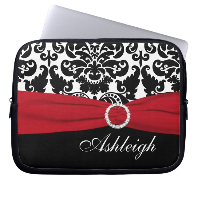 Red, White, Black Damask FAUX Ribbon Laptop Sleeve (Front)