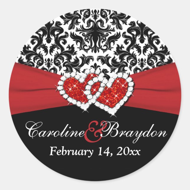 Red White Black Damask, Hearts 1.5" Round Sticker (Front)