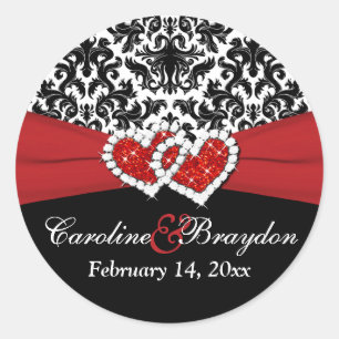 Red White Black Damask, Hearts 1.5" Round Sticker