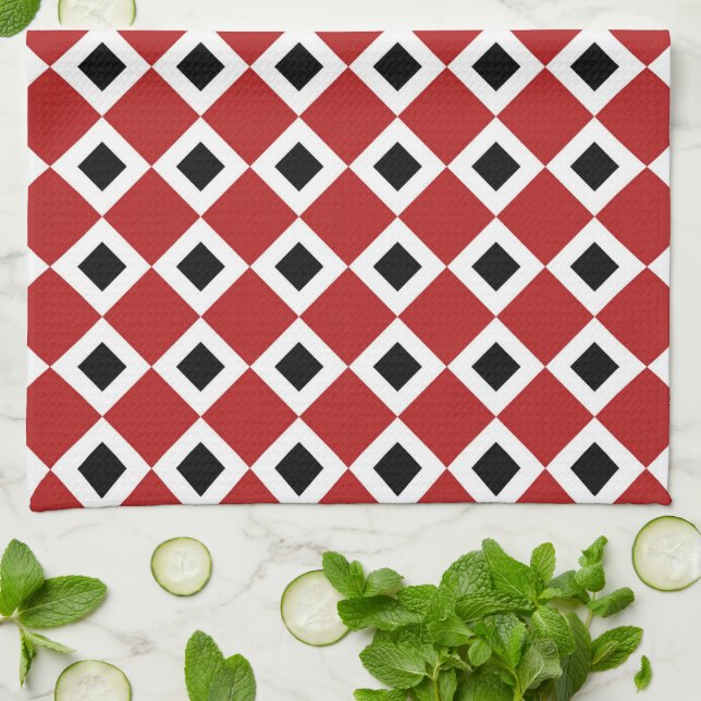 Red, White, Black Diamond Pattern Kitchen Towel (Folded)