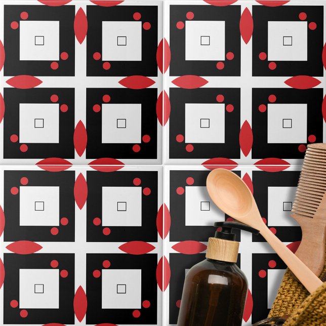 Red White Black Dots and Squares Geometric Pattern Tile (Creator Uploaded)