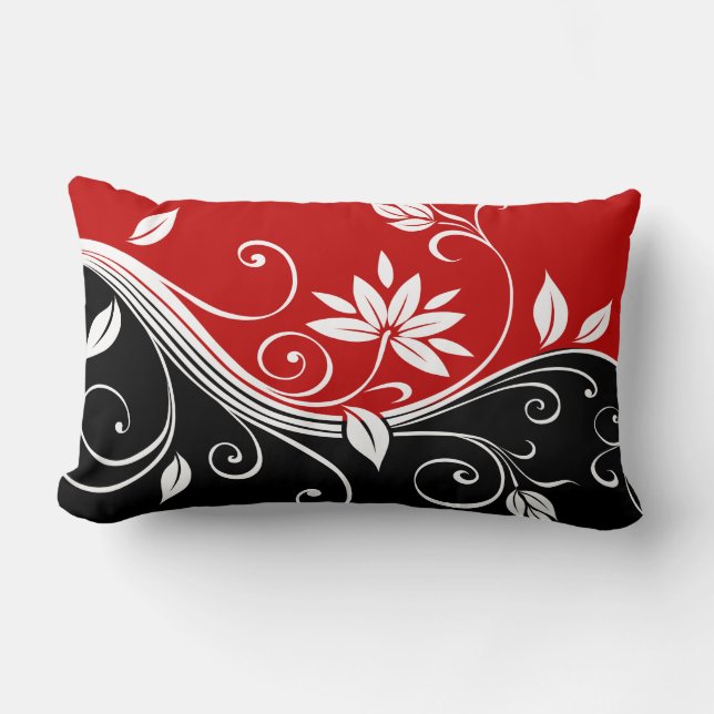 Red  White & Black Floral Lumbar Pillow (Front)