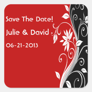 Red  White & Black Floral Wedding Save The Date Square Sticker