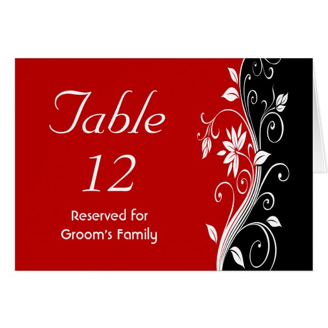 Red  White & Black Floral Wedding Table Number (Front Horizontal)