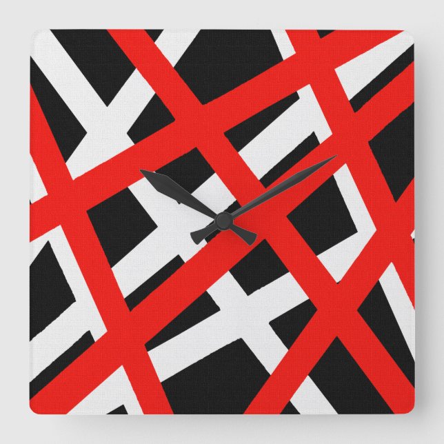 Red White Black Geometric Stripe Square Wall Clock (Front)