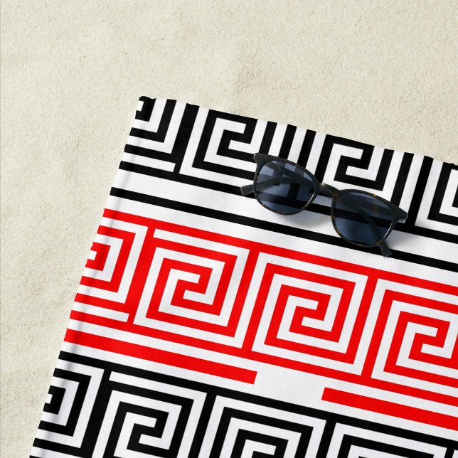 Red White Black Greek Key Fret Pattern Design  Beach Towel (Creator Uploaded)