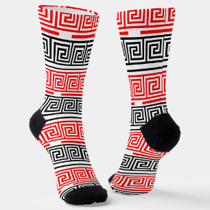Red White Black Greek Key Fret Pattern Design Socks