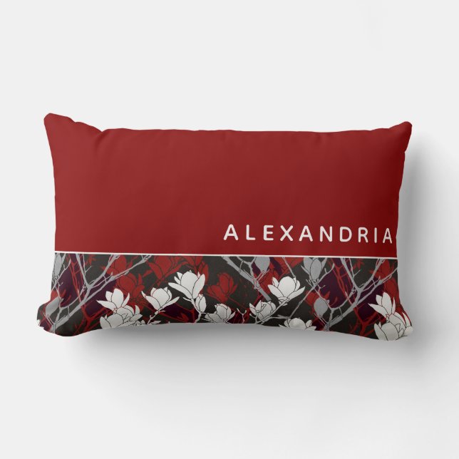 Red White Black & Grey Floral | Name Keepsake Lumbar Pillow (Front)