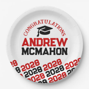 Red White Black Half Repeat Grad Personalized Paper Plate