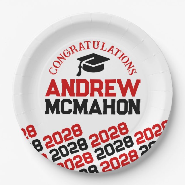 Red White Black Half Repeat Grad Personalized Paper Plate (Front)