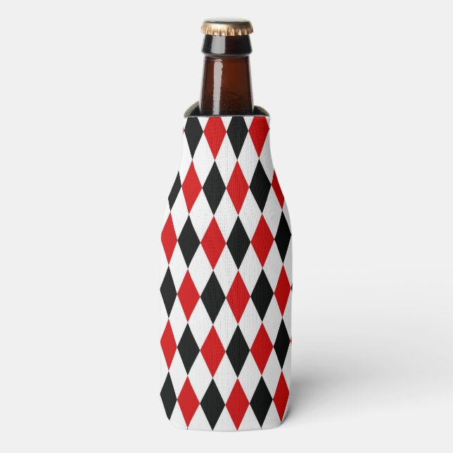 Red White Black Harlequin Diamond Pattern Bottle Cooler (Bottle Front)