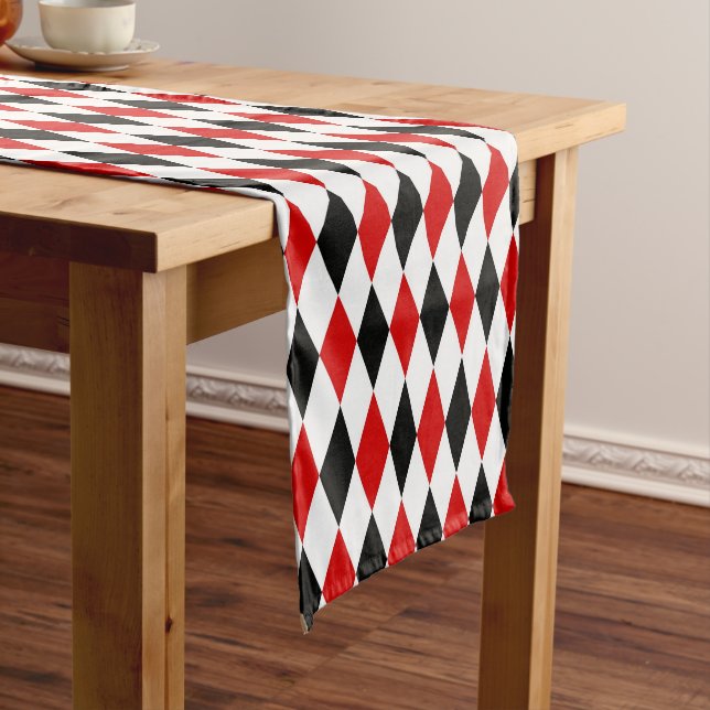 Red White Black Harlequin Diamond Pattern Short Table Runner (In Situ)