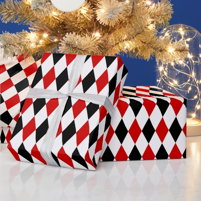Red White Black Harlequin Diamond Pattern Wrapping Paper (Holidays)