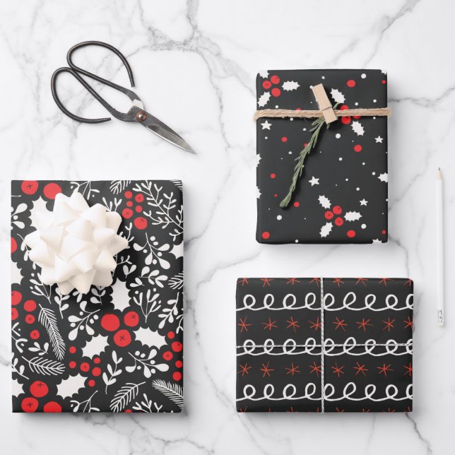 Red White Black Holly Berries Mistletoe Christmas Wrapping Paper Sheet (Front)