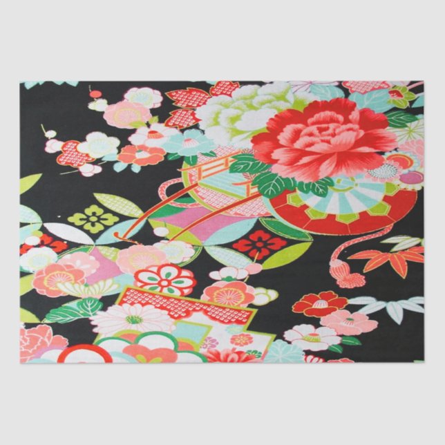 Red White Black Japanese Kimono Floral Decoupage Tissue Paper (Front)