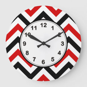 Red, White, Black Large Chevron ZigZag Pattern Large Clock