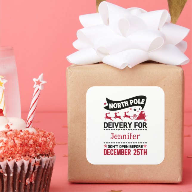 Red & White Black North Pole SANTA Delivery Name   Square Sticker (Party)