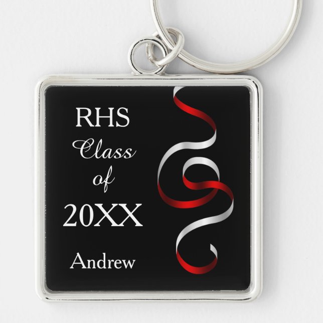 Red White Black Ribbon Swirl Graduation Keychain (Front)