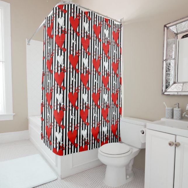 Red White Black Valentine Hearts Shower Curtain (In Situ)