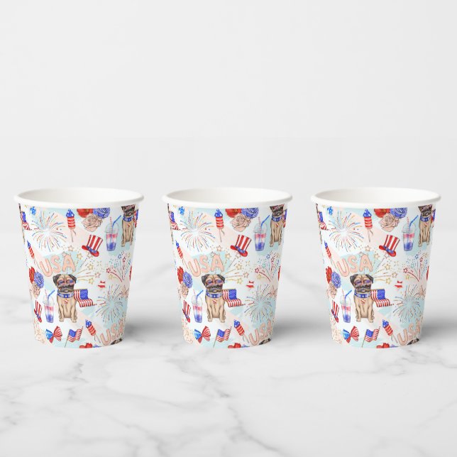 RED WHITE BLUE 4TH OF JULY ITEMS WITH PUG DOG PAPER CUPS (Multi)