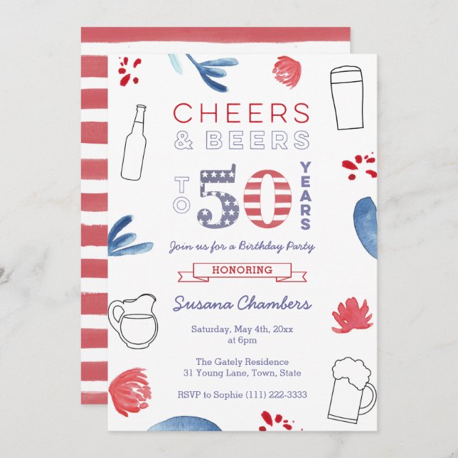 Red White Blue 50th Birthday Party Invitation (Front/Back)