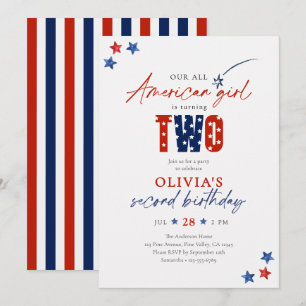 Red White & Blue All American Girl 2nd Birthday Invitation