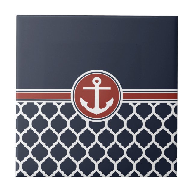 Red White Blue Anchor Moroccan Lattice Tile (Front)